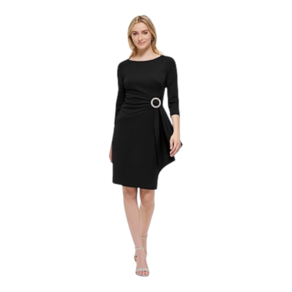 Eliza J Black Scuba Crepe Sheath Dress Rhinestone Buckle Sz 2 NWT